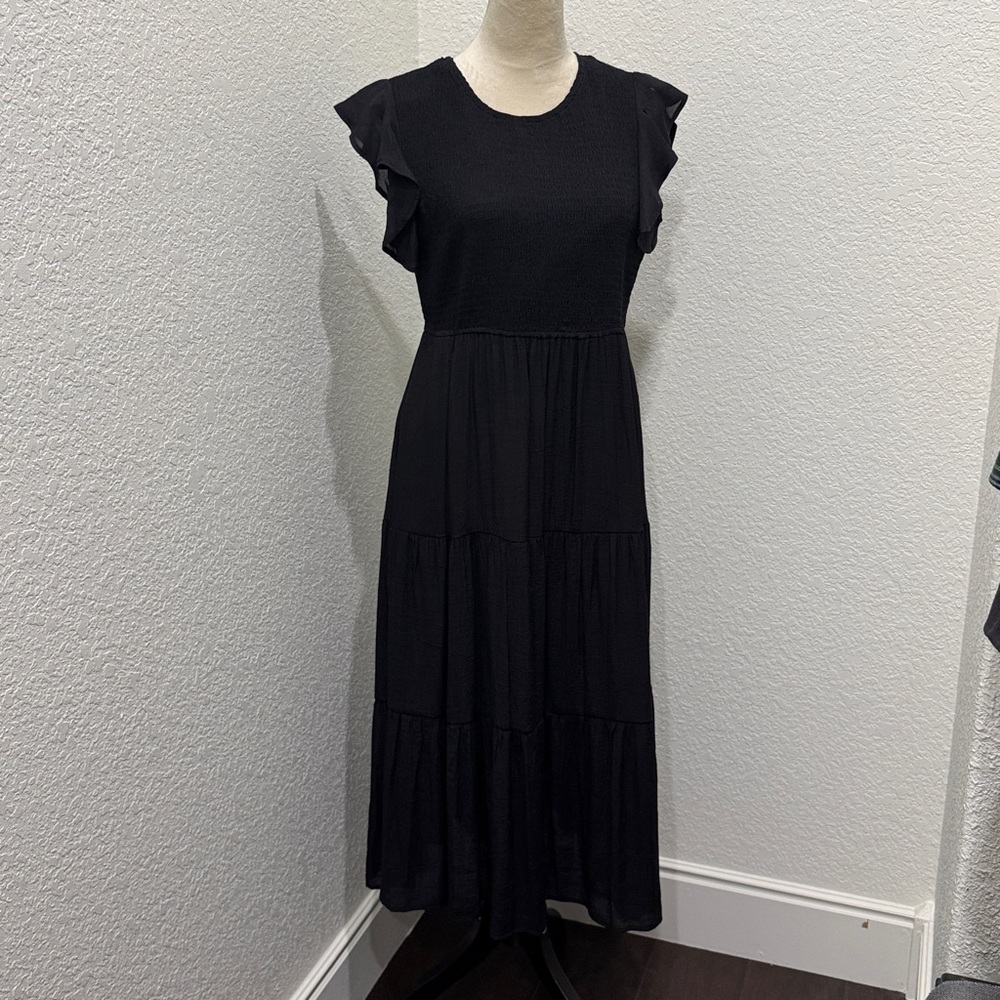 Emma & Michele Black Smocked Ruffle Midi Dress